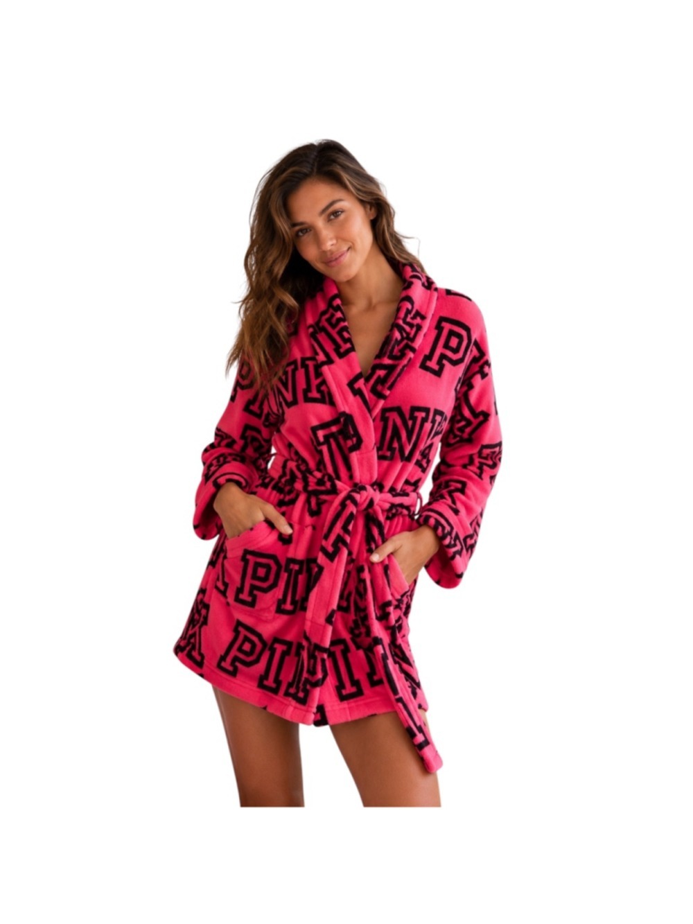 Victoria’s Secret PINK Plush Fleece Robe Hot Pink Black Logo XS/S Belted Cozy Sl